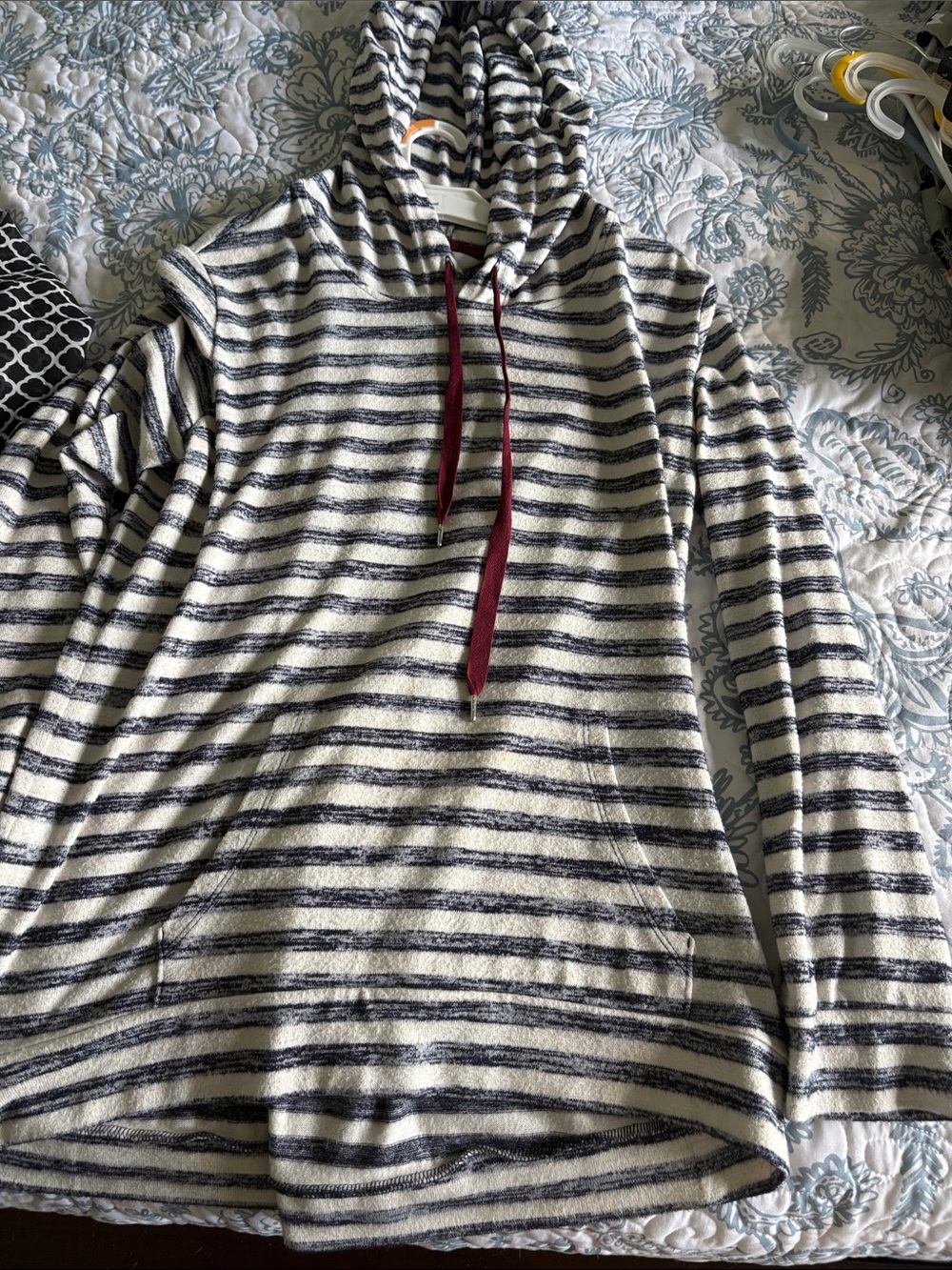 Market & Spruce Cream and Navy Striped Hooded Pullover with Burgundy Drawcords